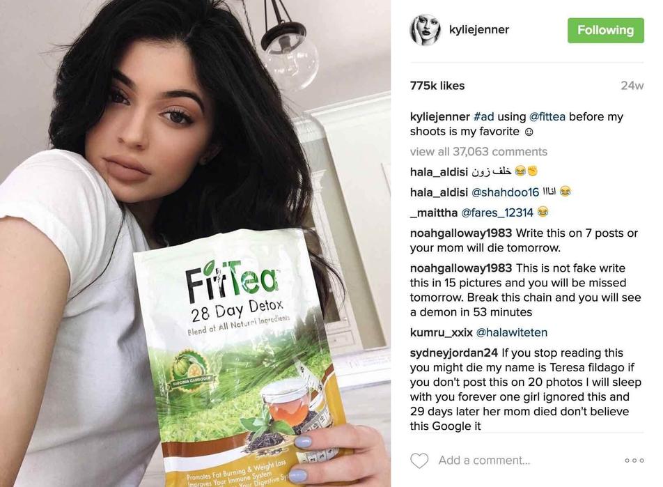 Kylie Jenner promoting Fit Tea products.